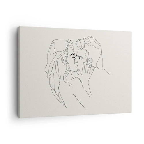 Obraz na płótnie - Minimalistyczna ilustracja pary w miłosnym uścisku - 70x50cm - Splątani uczuciem - Nowoczesna dekoracja ścienna do salonu i sypialni ARTTOR