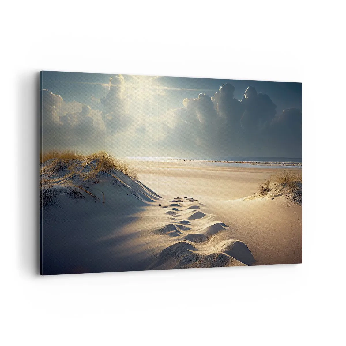 Obraz na płótnie - Złote wydmy na plaży o zachodzie słońca z widokiem na morze - 120x80cm - Kojący pejzaż - Nowoczesna dekoracja ścienna do salonu, kuchni i sypialni ARTTOR