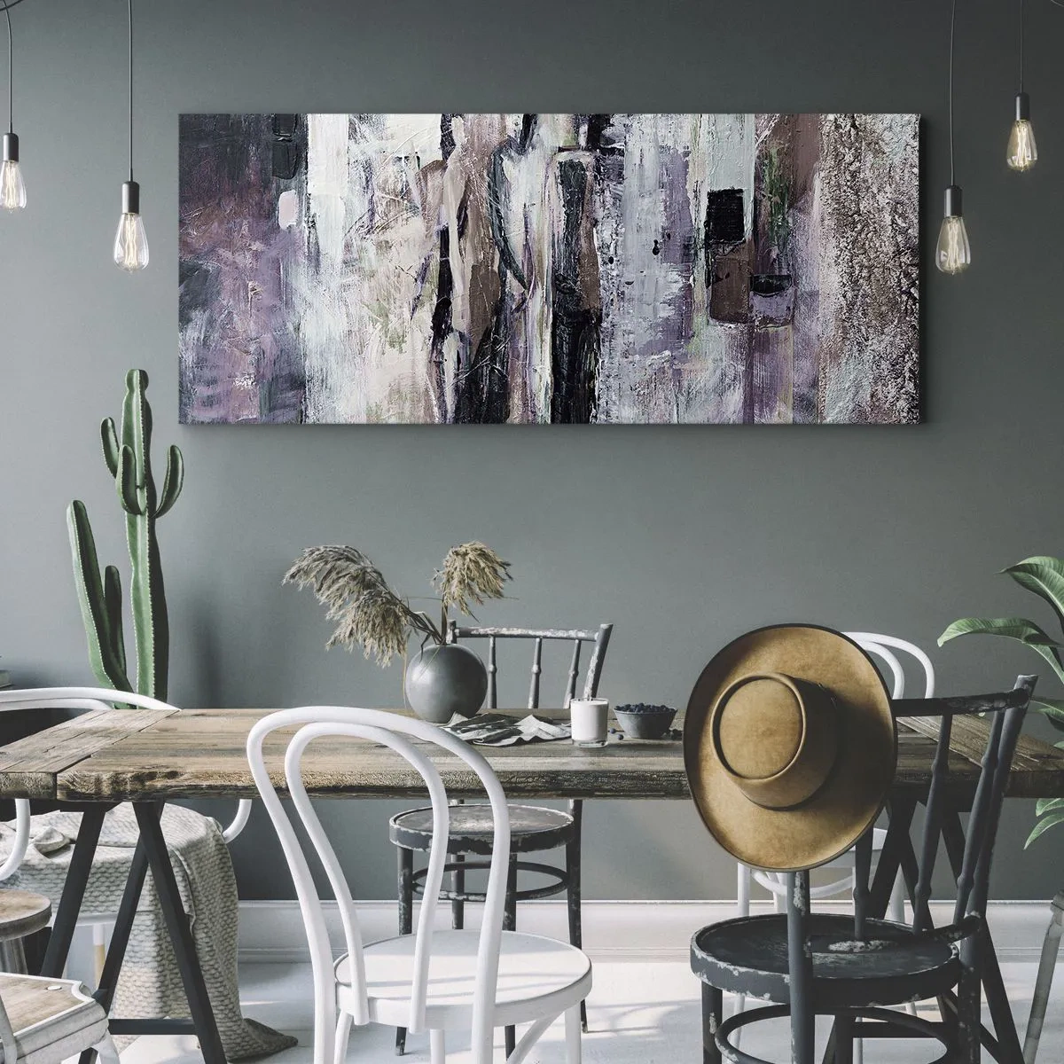 Obraz na płótnie - Abstrakcyjna kompozycja z trzema postaciami w pastelowych barwach - 160x50cm - Tajemnicza trójka - Nowoczesna dekoracja ścienna do salonu i sypialni ARTTOR