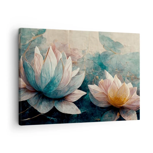 Obraz na płótnie - Subtelne lilie wodne w pastelowych odcieniach błękitu i złota - 70x50cm - Gwiazdy jeziora - Nowoczesna dekoracja ścienna do salonu i sypialni ARTTOR