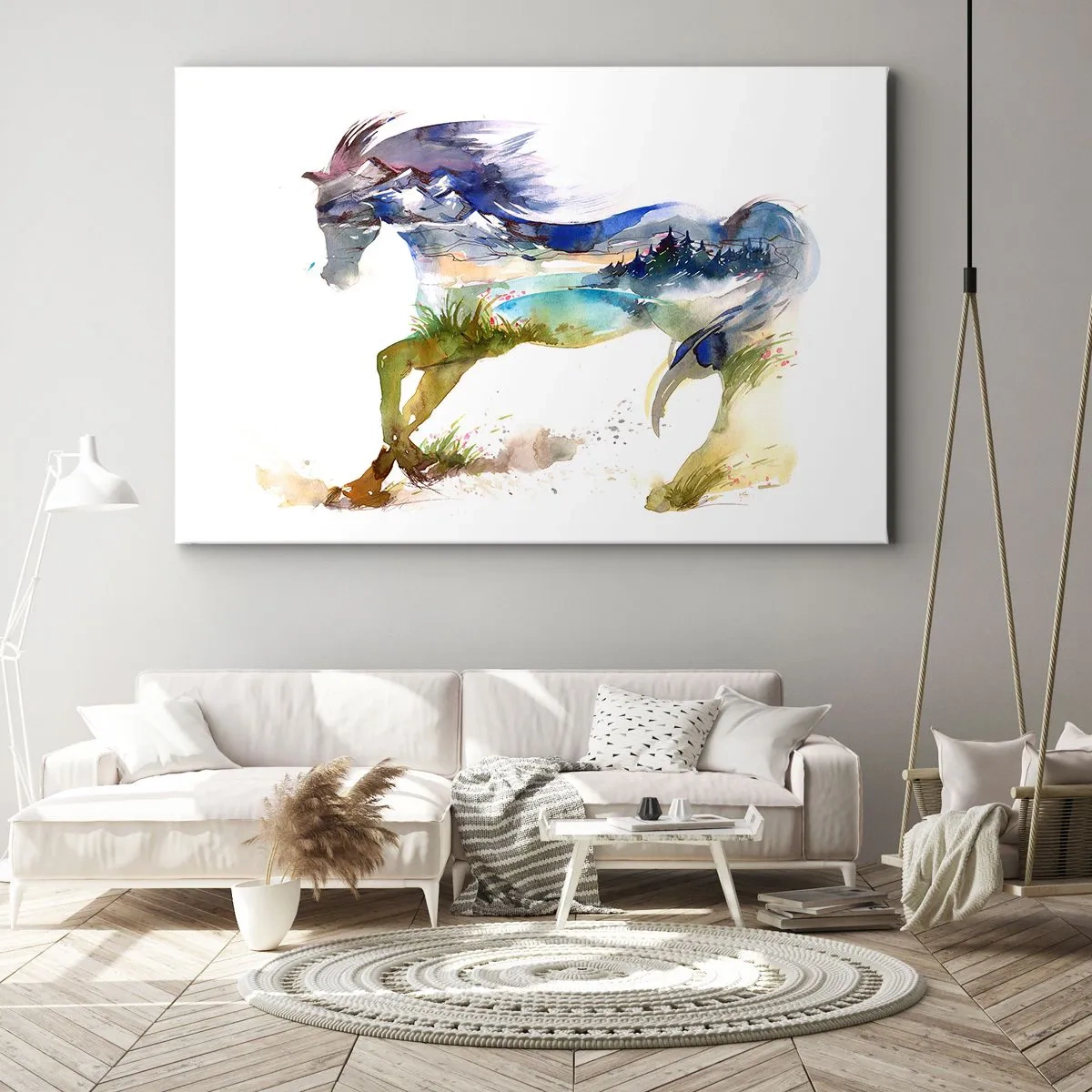 Obraz na płótnie - Akwarela konia z krajobrazem górskim w sylwetce - 70x50cm - Z łąki wprost do nieba - Nowoczesna dekoracja ścienna do salonu i sypialni ARTTOR