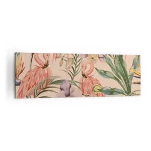 Obraz na płótnie - Flamingi i tropikalne kwiaty na jasnym tle - 160x50cm - Różowy balet w kwiatach - Nowoczesna dekoracja ścienna do salonu i sypialni ARTTOR
