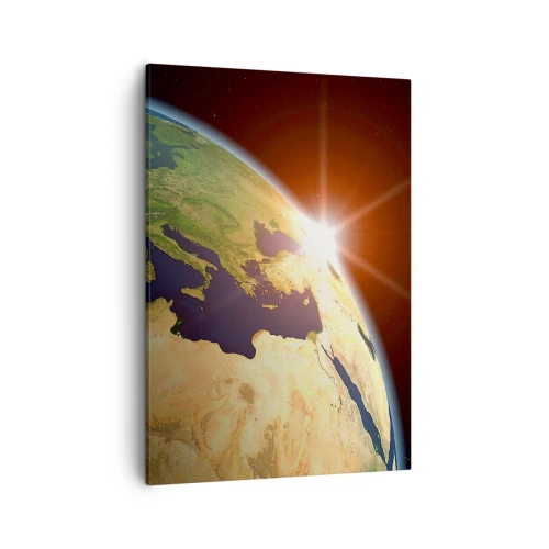 Obraz na płótnie - Ziemia oświetlona wschodzącym słońcem w kosmicznej scenerii - 50x70cm - Wschód słońca - Nowoczesna dekoracja ścienna do salonu, kuchni i sypialni ARTTOR