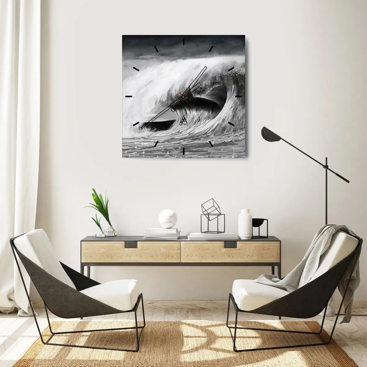 Zegar ścienny - Dramatyczna fala oceaniczna w monochromatycznym ujęciu - 30x30cm - Gniew oceanu - Nowoczesna dekoracja ścienna do salonu i sypialni ARTTOR