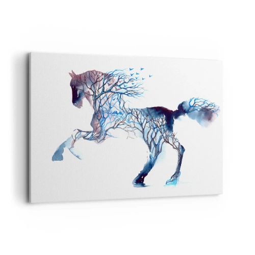 Obraz na płótnie - Artystyczna grafika konia z motywem drzew i ptaków - 100x70cm - I jakby las ruszył - Nowoczesna dekoracja ścienna do salonu, kuchni i sypialni ARTTOR
