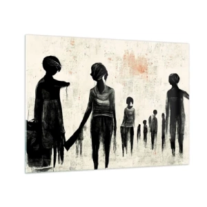 Obraz na szkle - Czarne postacie w ruchu na jasnym tle z czerwoną fakturą - 70x50cm - Przeciw samotności - Nowoczesna dekoracja ścienna do salonu i sypialni ARTTOR