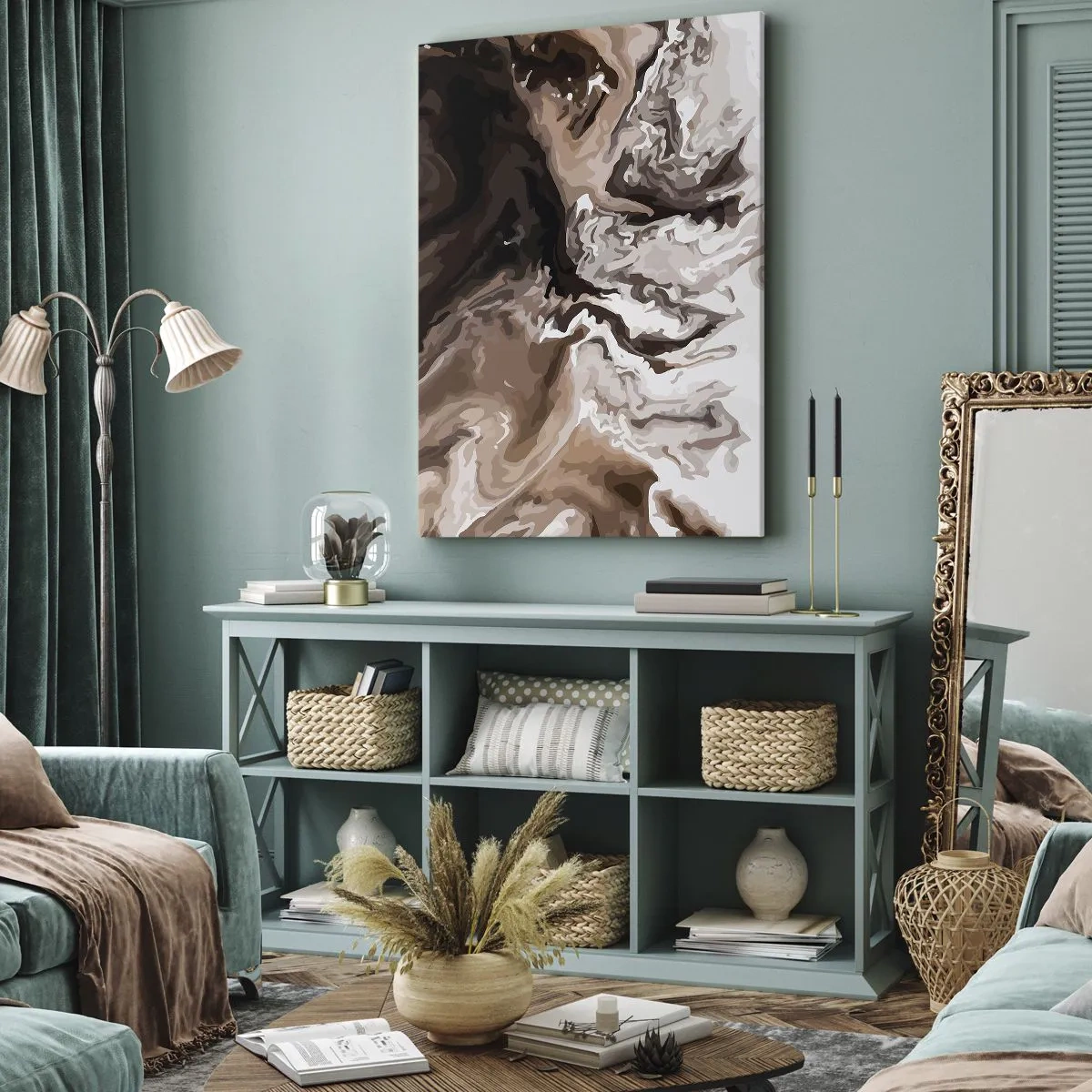 Obraz na płótnie - Abstrakcyjna kompozycja w ciepłych, brązowych odcieniach - 50x70cm - Kontredans barw - Nowoczesna dekoracja ścienna do salonu, kuchni i sypialni ARTTOR