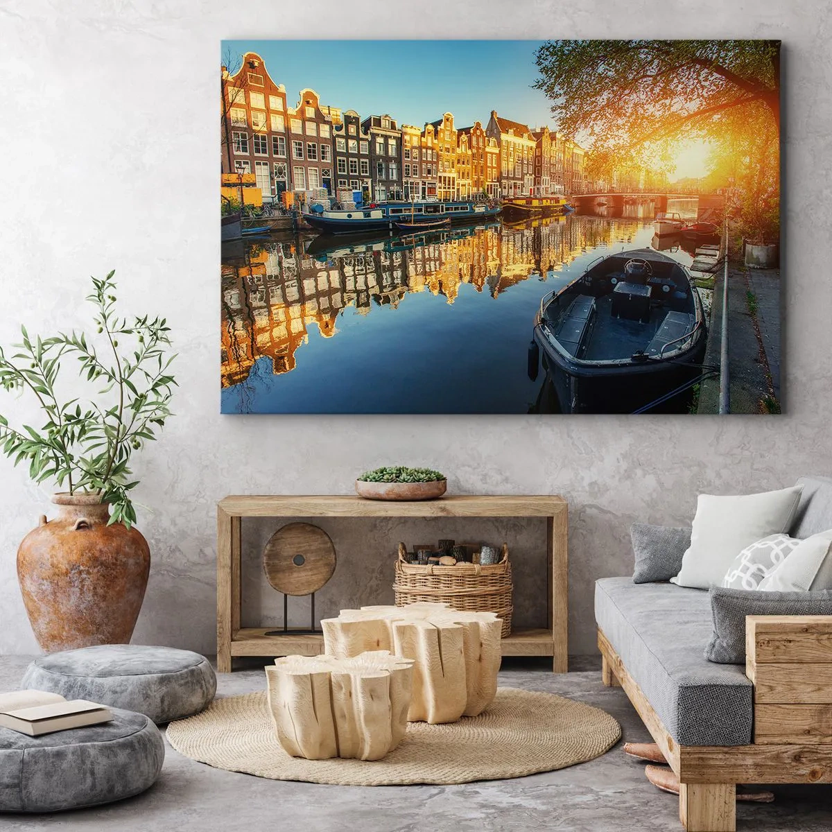Obraz na płótnie - Kanał w Amsterdamie o zachodzie słońca - 70x50cm - Poranek w Amsterdamie - Nowoczesna dekoracja ścienna do salonu i sypialni ARTTOR