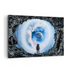 Obraz na płótnie - Astronauta na tle kosmicznego pejzażu z Ziemią - 100x70cm - Już niedaleko do domu - Nowoczesna dekoracja ścienna do salonu, kuchni i sypialni ARTTOR