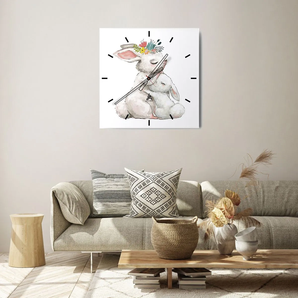 Zegar ścienny - Urocze króliki w pastelowych barwach - 30x30cm - Nie ma jak u mamy - Nowoczesna dekoracja ścienna do salonu i sypialni ARTTOR