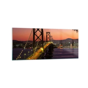 Obraz na szkle - Most podświetlony nocą nad wodą z panoramą miasta - 120x50cm - Wieczór we fiolecie - Nowoczesna dekoracja ścienna do salonu i sypialni ARTTOR
