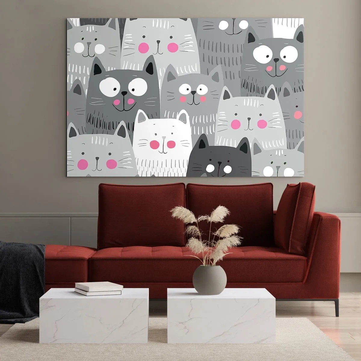 Obraz na szkle - Zabawne koty w szarej kolorystyce na białym tle - 70x50cm - Koci świat - Nowoczesna dekoracja ścienna do salonu i sypialni ARTTOR