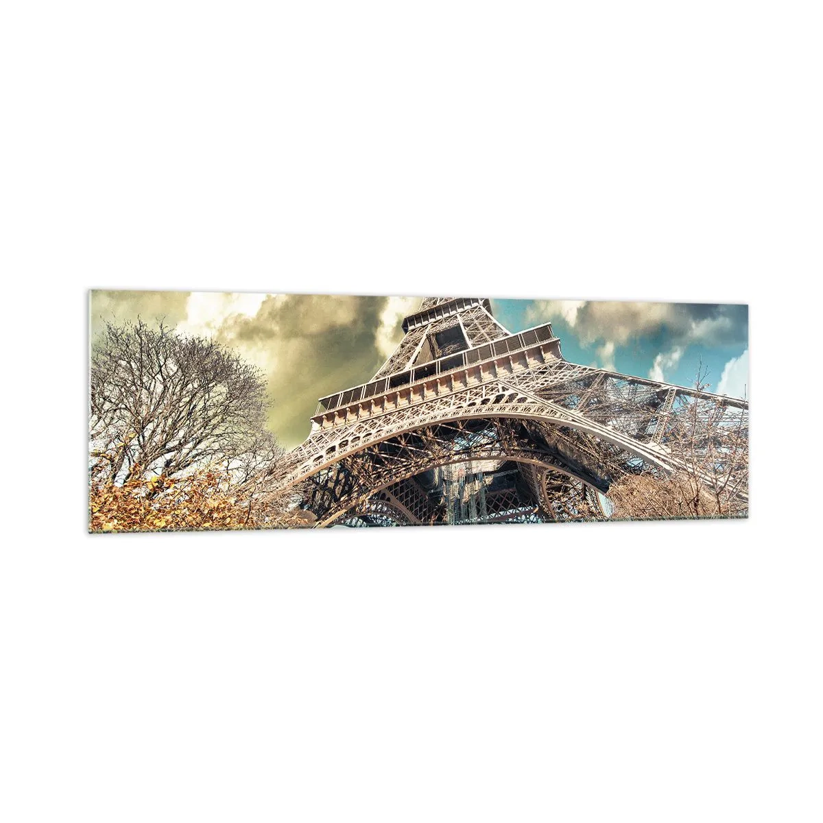 Obraz na szkle - Wieża Eiffla z perspektywy dolnej w jesiennym otoczeniu - 160x50cm - A jesienią w Paryżu... - Nowoczesna dekoracja ścienna do salonu i sypialni ARTTOR
