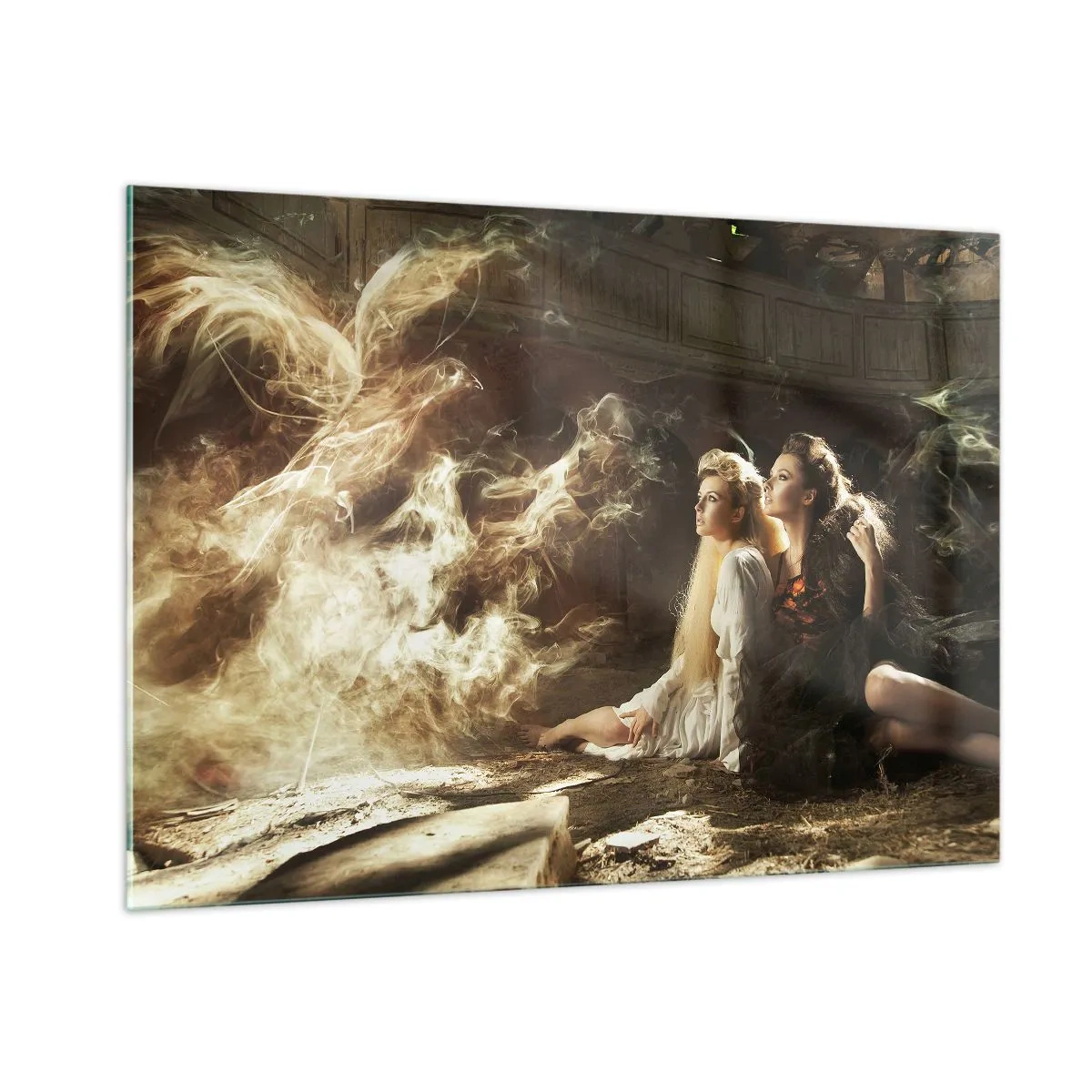 Obraz na szkle - Dwie kobiety z ognistym feniksem w magicznej scenerii - 100x70cm - I stała się poezja - Nowoczesna dekoracja ścienna do salonu, kuchni i sypialni ARTTOR