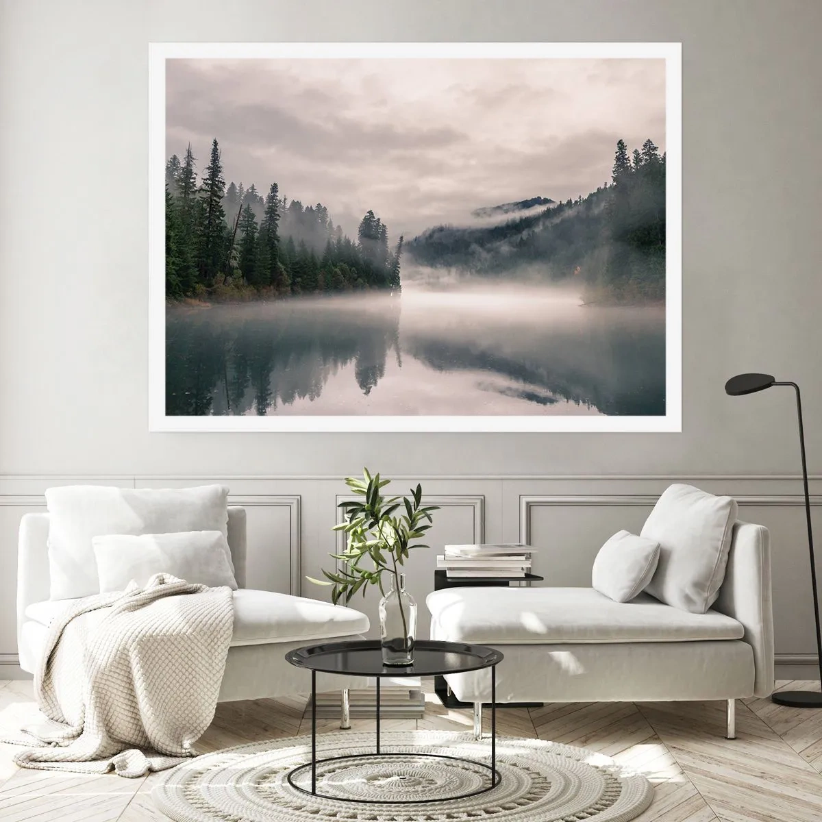 Plakat - Mglisty las odbijający się w spokojnym jeziorze - 100x70cm - W zadumie, we mgle - Nowoczesna dekoracja ścienna do salonu i sypialni ARTTOR