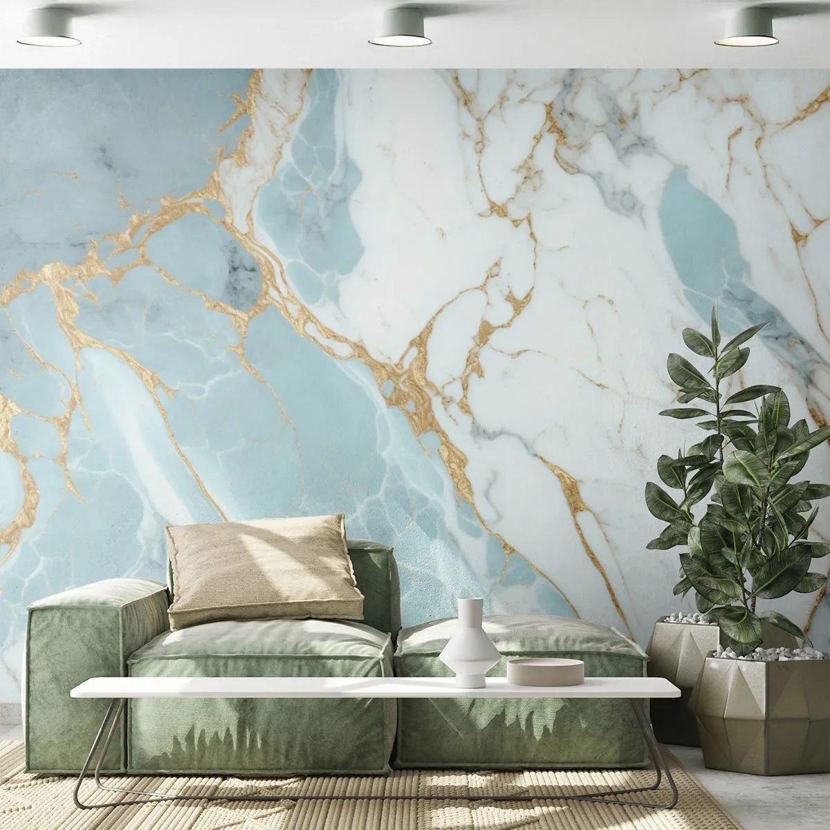 Fototapeta Premium Sand - Marmurowy wzór w błękitach i bieli z akcentami złota - 100x70cm - Bogactwo kamienia - Nowoczesna dekoracja ścienna do salonu, kuchni i sypialni ARTTOR