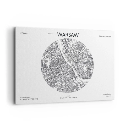 Obraz na płótnie - Mapa Warszawy w minimalistycznym stylu - 100x70cm - Anatomia Warszawy - Nowoczesna dekoracja ścienna do salonu, kuchni i sypialni ARTTOR