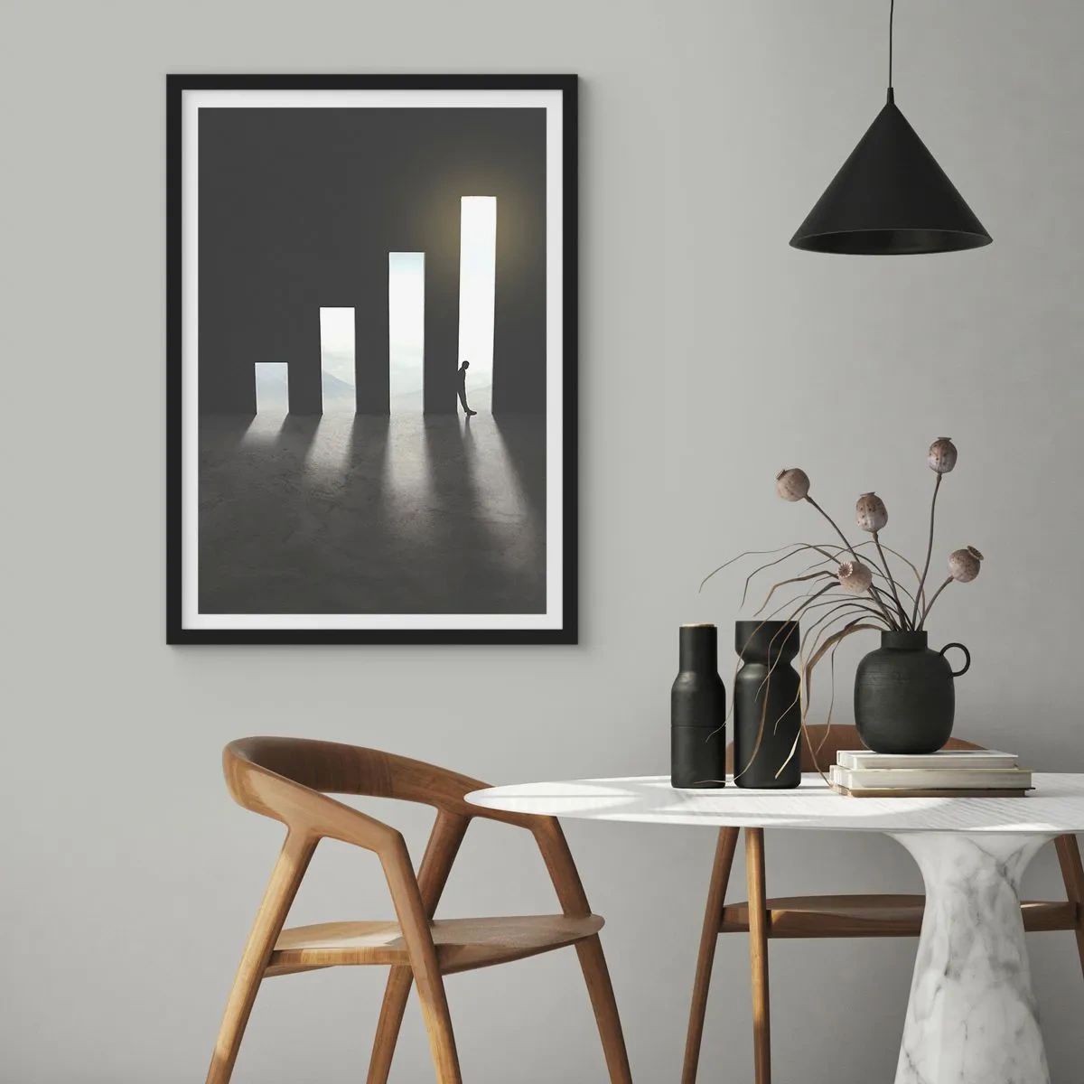 Plakat w czarnej ramie - Symboliczne drzwi w kształcie wykresu z postacią - 50x70cm - Sukces – impresja - Nowoczesna dekoracja ścienna do salonu i sypialni ARTTOR
