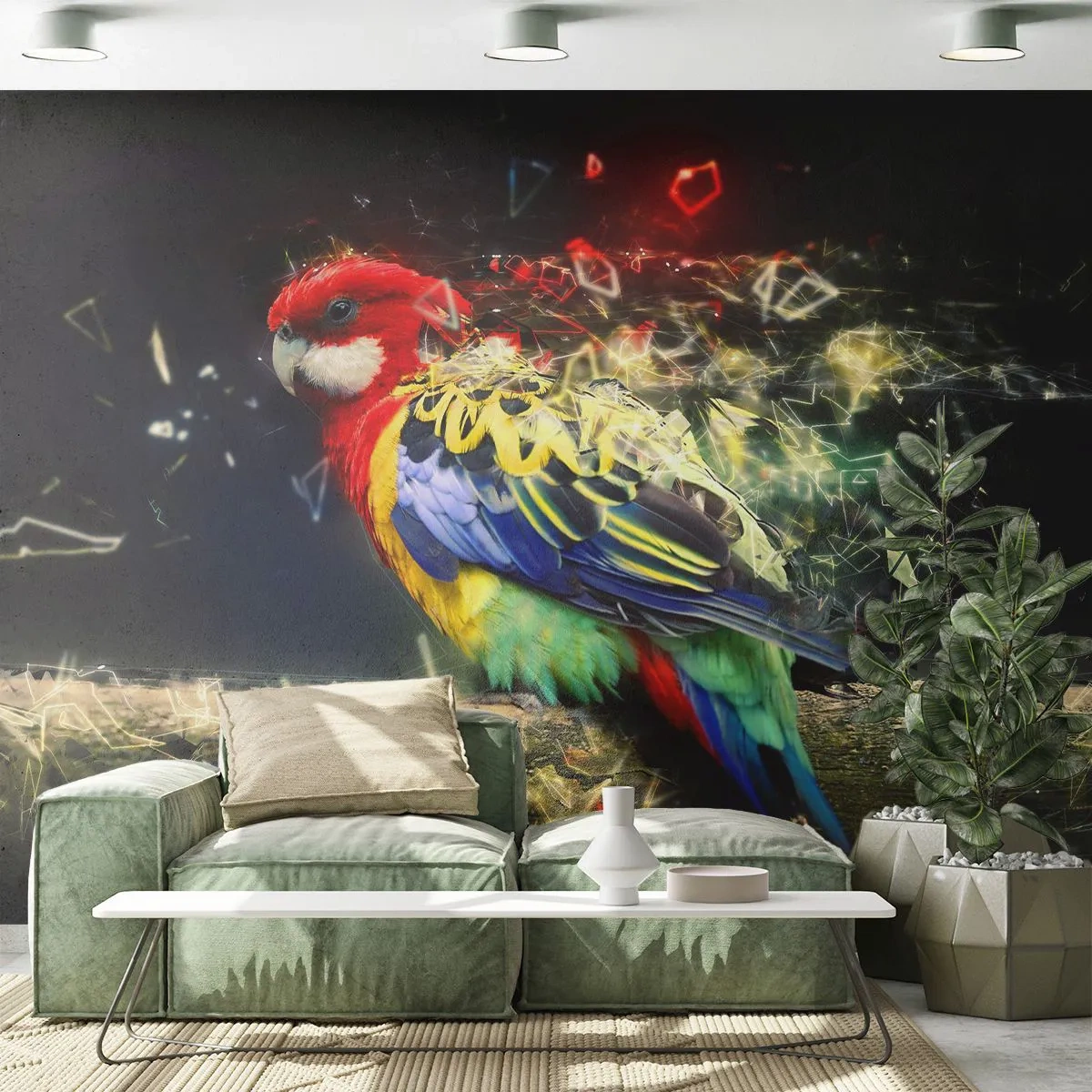 Fototapeta Premium Sand - Kolorowa papuga z efektem rozproszenia na ciemnym tle - 100x70cm - Posłaniec blasku - Nowoczesna dekoracja ścienna do salonu, kuchni i sypialni ARTTOR