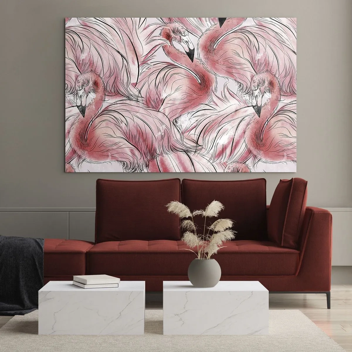 Obraz na szkle - Różowe flamingi w dekoracyjnym stylu rysunkowym - 70x50cm - Ptasi corps de ballet - Nowoczesna dekoracja ścienna do salonu i sypialni ARTTOR