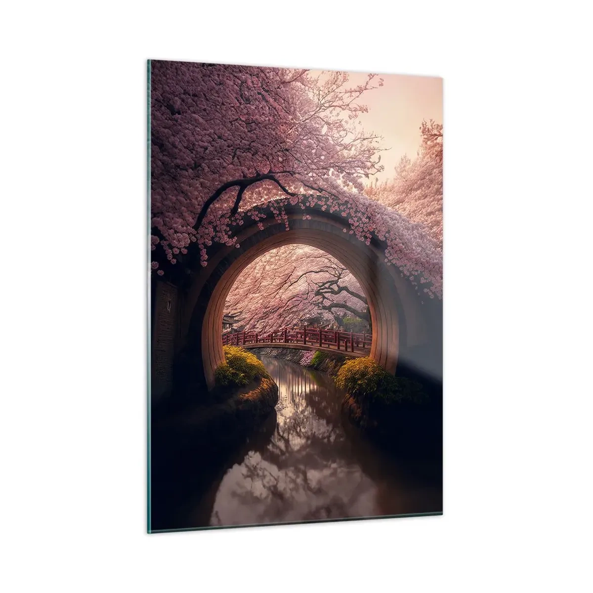 Obraz na szkle - Kwitnące wiśnie i japoński most widziane przez okrągłą bramę - 50x70cm - Japońska wiosna - Nowoczesna dekoracja ścienna do salonu, kuchni i sypialni ARTTOR