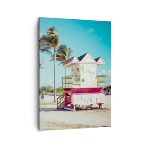 Obraz na płótnie - Kolorowa wieża ratownicza na plaży z palmami - 50x70cm - Przed tobą piękny dzień - Nowoczesna dekoracja ścienna do salonu, kuchni i sypialni ARTTOR