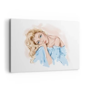 Obraz na płótnie - Portret kobiety w błękitnej sukni z blond włosami - 120x80cm - Rozmarzona w błękicie - Nowoczesna dekoracja ścienna do salonu, kuchni i sypialni ARTTOR