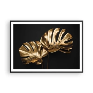 Plakat w czarnej ramie - Złote liście monstery na czarnym tle - 100x70cm - Skarby natury - Nowoczesna dekoracja ścienna do salonu i sypialni ARTTOR