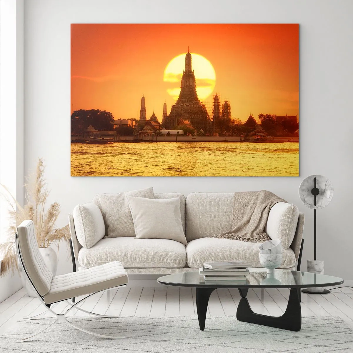 Obraz na szkle - Świątynia o zachodzie słońca nad rzeką - 70x50cm - Ku słońcu, zawsze ku słońcu - Nowoczesna dekoracja ścienna do salonu i sypialni ARTTOR