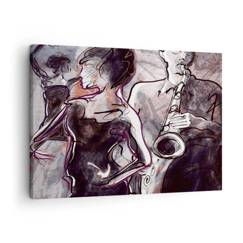 Obraz na płótnie - Abstrakcyjna scena jazzowa z saksofonistą i tańczącą kobietą - 70x50cm - Rozpłynąć się w muzyce - Nowoczesna dekoracja ścienna do salonu i sypialni ARTTOR