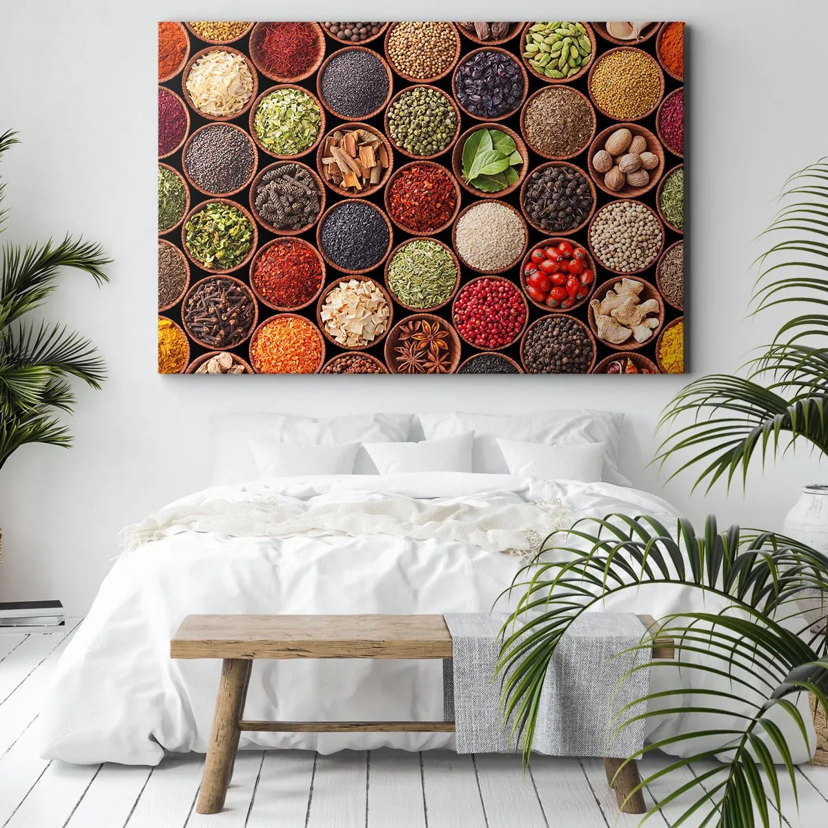 Obraz na płótnie - Kolorowe przyprawy w okrągłych pojemnikach - 70x50cm - Wszystkie smaki świata - Nowoczesna dekoracja ścienna do salonu i sypialni ARTTOR