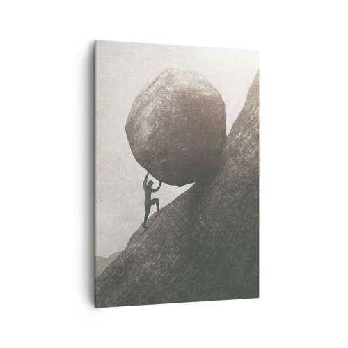 Obraz na płótnie - Człowiek wspinający się z ogromnym głazem pod górę - 70x100cm - Wierzę wbrew nadziei - Nowoczesna dekoracja ścienna do salonu i sypialni ARTTOR