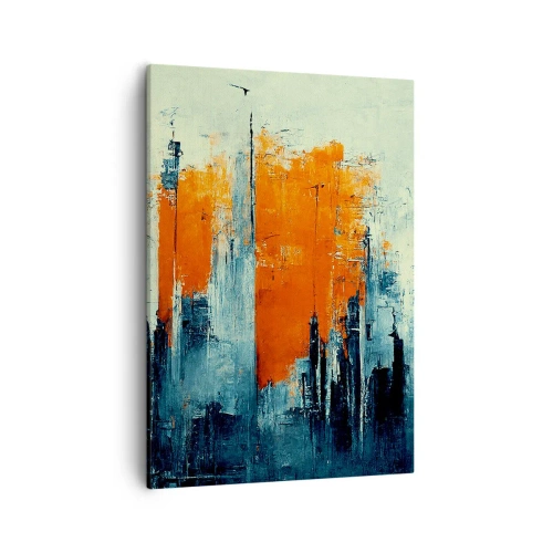 Obraz na płótnie - Abstrakcyjne wieżowce w odcieniach pomarańczu i granatu - 50x70cm - Pejzaż nowoczesny - Nowoczesna dekoracja ścienna do salonu, kuchni i sypialni ARTTOR