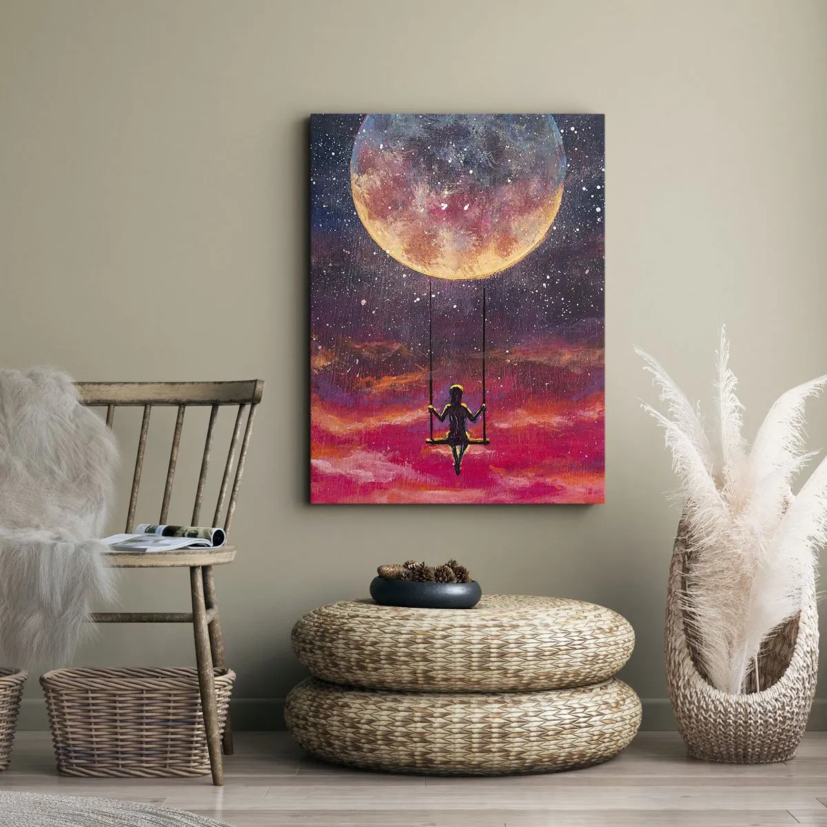 Obraz na płótnie - Postać na huśtawce pod wielkim księżycem na tle nocnego nieba - 50x70cm - Bujać w obłokach - Nowoczesna dekoracja ścienna do salonu, kuchni i sypialni ARTTOR
