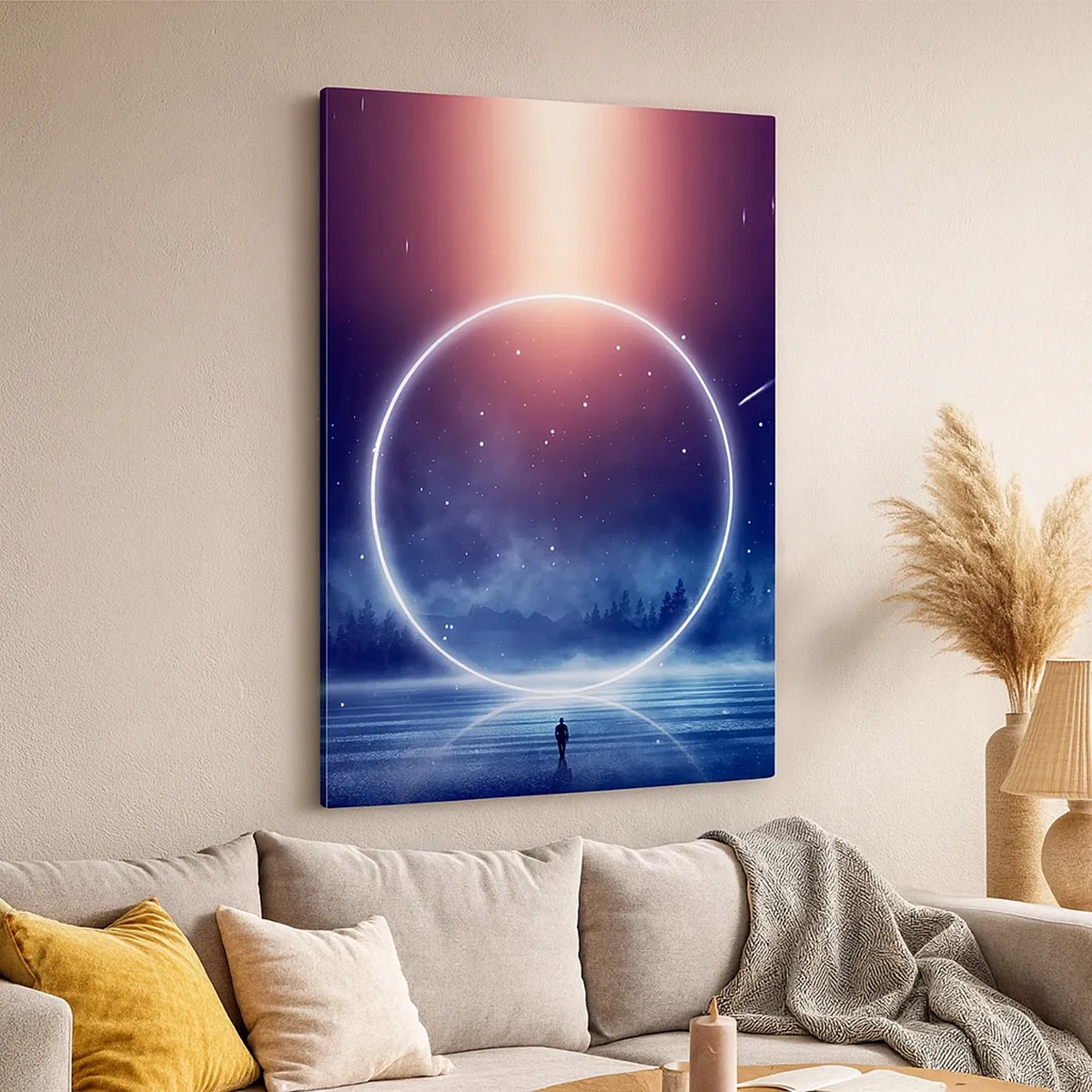 Obraz na płótnie - Magiczna aura z neonowym okręgiem nad jeziorem - 50x70cm - Już tu są… - Nowoczesna dekoracja ścienna do salonu, kuchni i sypialni ARTTOR