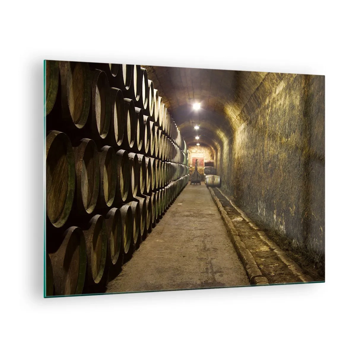 Obraz na szkle - Winna piwnica z rzędami beczek - 70x50cm - Dobrze jest poleżeć sobie - Nowoczesna dekoracja ścienna do salonu i sypialni ARTTOR
