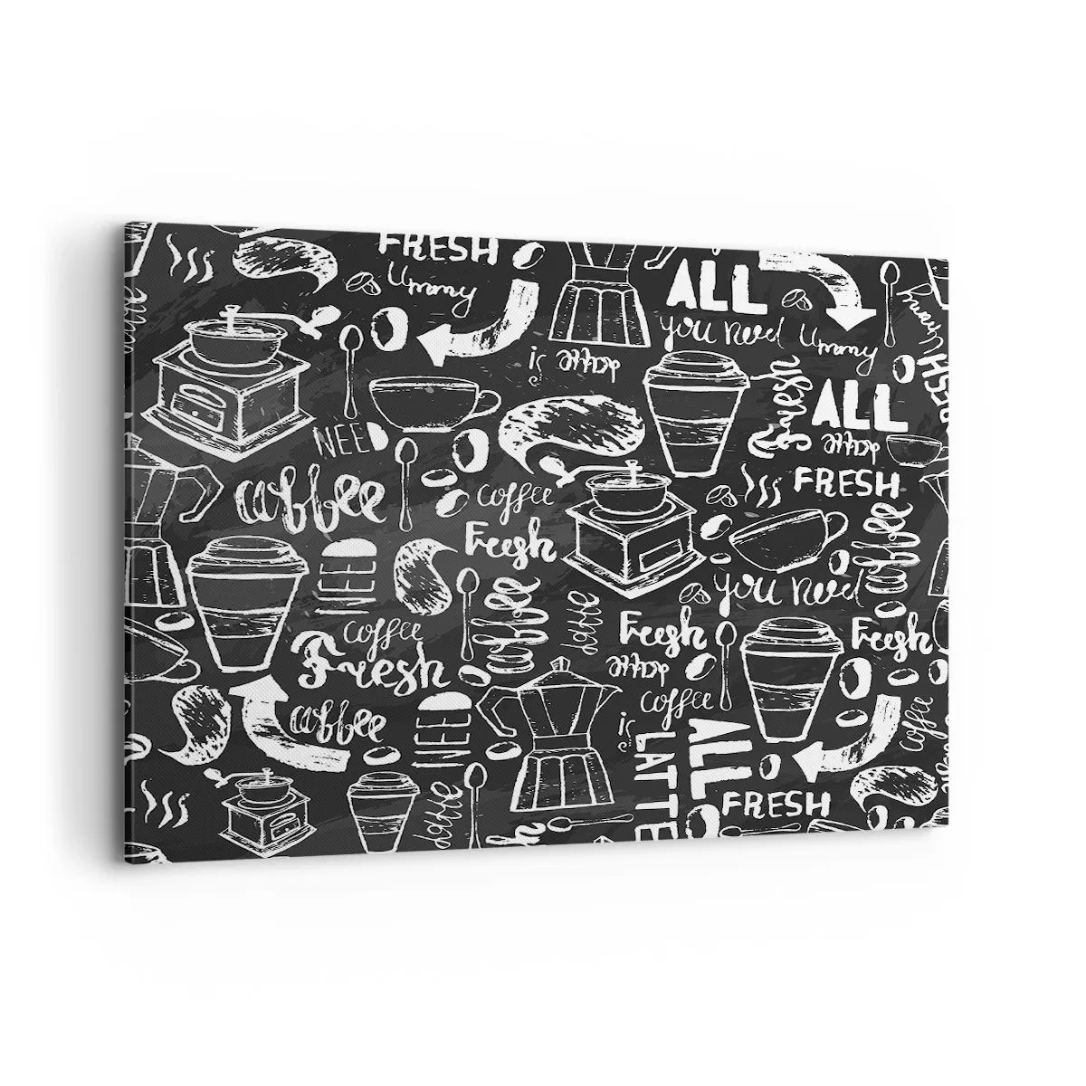 Obraz na płótnie - Stylowa grafika kawowa na czarnym tle - 120x80cm - All you need is… - Nowoczesna dekoracja ścienna do salonu, kuchni i sypialni ARTTOR
