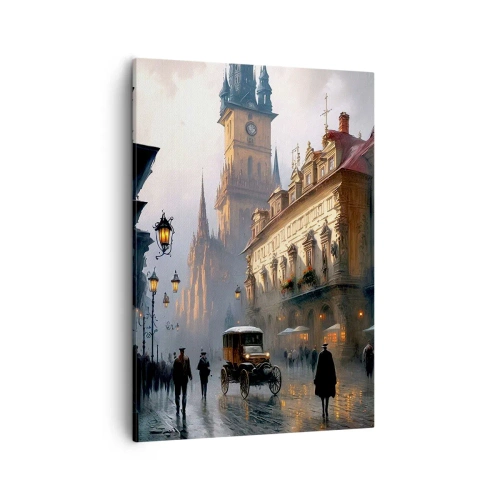 Obraz na płótnie - Malownicza ulica Pragi o zmierzchu z oświetlonymi latarniami - 50x70cm - Czar praskiego wieczoru - Nowoczesna dekoracja ścienna do salonu, kuchni i sypialni ARTTOR