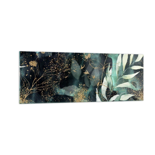 Obraz na szkle - Eleganckie liście na ciemnym tle z złotymi akcentami - 140x50cm - Zaczarowany ogród - Nowoczesna dekoracja ścienna do salonu i sypialni ARTTOR