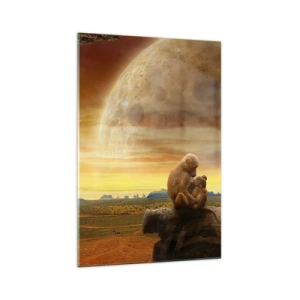 Obraz na szkle - Małpy siedzące na skale w surrealistycznym krajobrazie z wielką planetą - 70x100cm - Miłość wszędzie ta sama - Nowoczesna dekoracja ścienna do salonu i sypialni ARTTOR