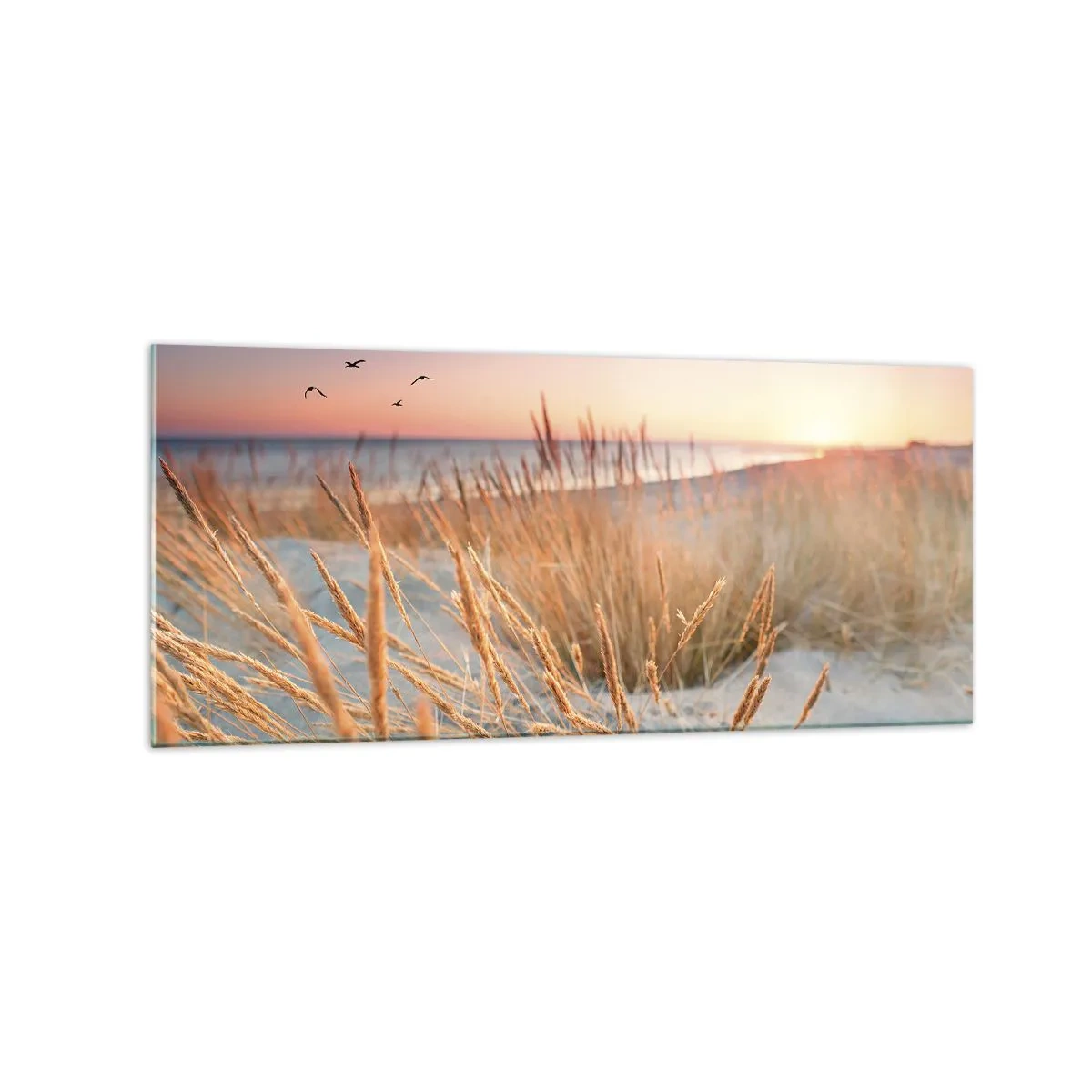 Obraz na szkle - Plaża o zachodzie słońca z wysokimi trawami - 120x50cm - Bałtycka kołysanka - Nowoczesna dekoracja ścienna do salonu i sypialni ARTTOR