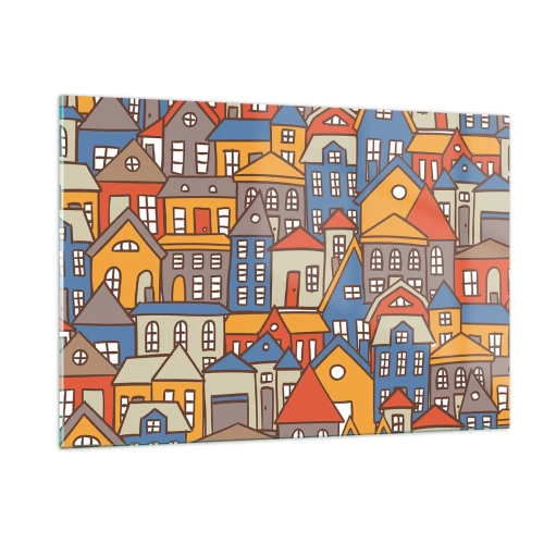 Obraz na szkle - Kolorowe domki w stylu graficznym tworzące wesoły krajobraz - 120x80cm - Za domem dom - Nowoczesna dekoracja ścienna do salonu, kuchni i sypialni ARTTOR