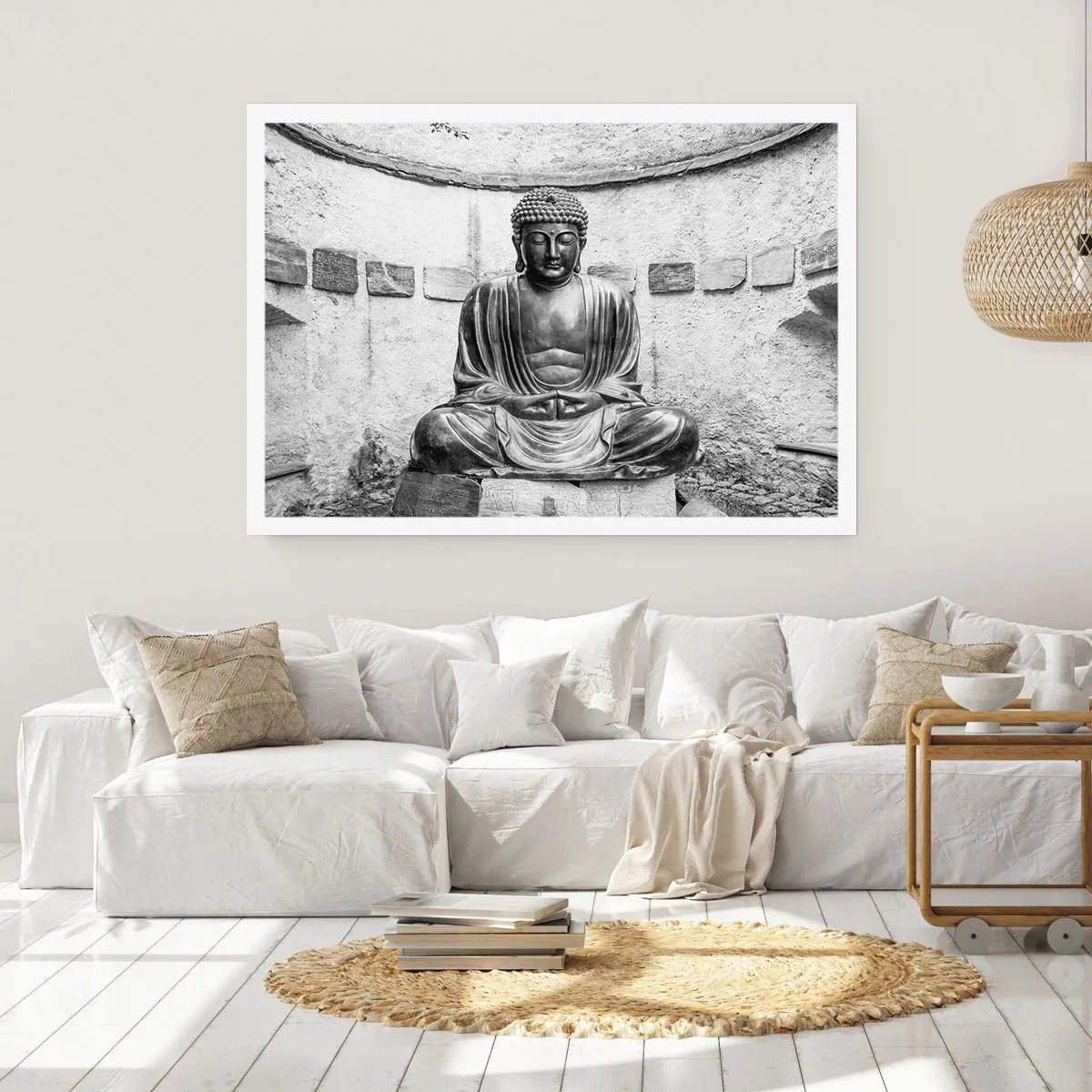 Plakat - Czarno-biały posąg Buddy w medytacyjnej pozie - 100x70cm - U źródeł spokoju - Nowoczesna dekoracja ścienna do salonu i sypialni ARTTOR