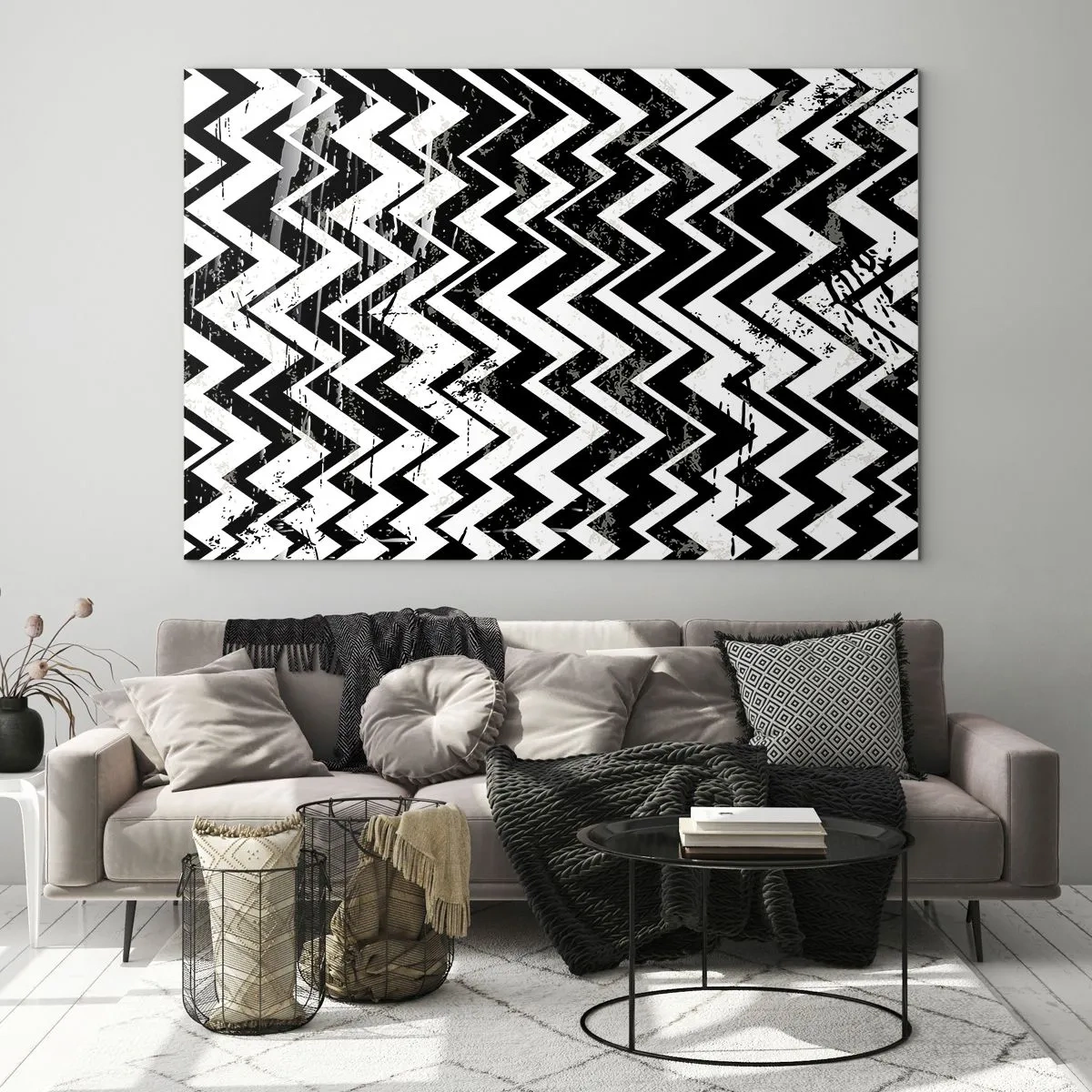 Obraz na szkle - Czarno-biały wzór zygzaków o dynamicznej kompozycji i teksturze - 100x70cm - Zyg-białe, zag-czarne - Nowoczesna dekoracja ścienna do salonu, kuchni i sypialni ARTTOR