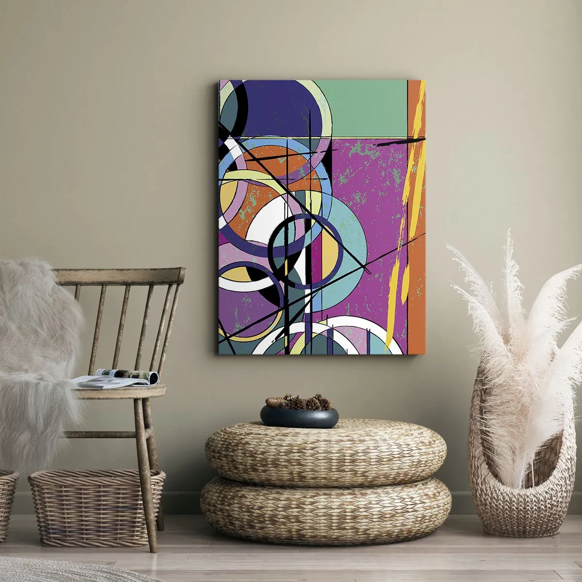 Obraz na płótnie - Kolorowa abstrakcja z geometrycznymi okręgami - 80x120cm - Koło za kołem - Nowoczesna dekoracja ścienna do salonu i sypialni ARTTOR