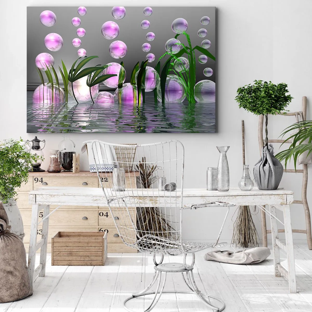 Obraz na płótnie - Zielone liście i różowe bańki nad wodą na tle szarym - 70x50cm - Refleksyjna kompozycja lekkości i życia - Nowoczesna dekoracja ścienna do salonu i sypialni ARTTOR