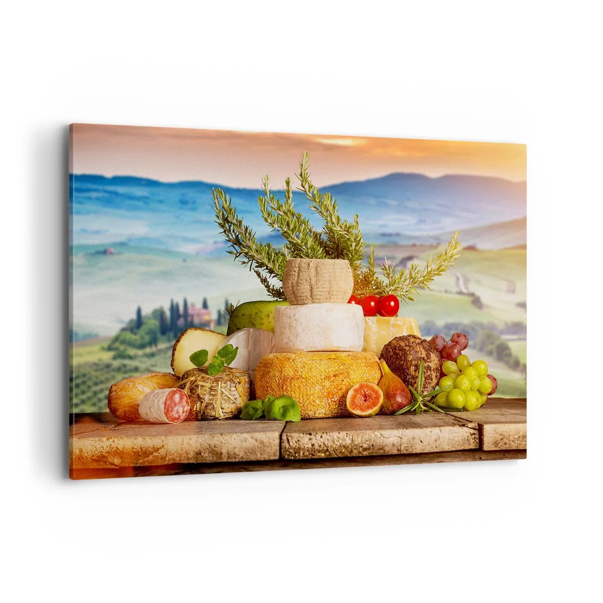 Obraz na płótnie - Kompozycja serów i owoców na tle toskańskiego krajobrazu - 120x80cm - Włoska radość życia - Nowoczesna dekoracja ścienna do salonu, kuchni i sypialni ARTTOR