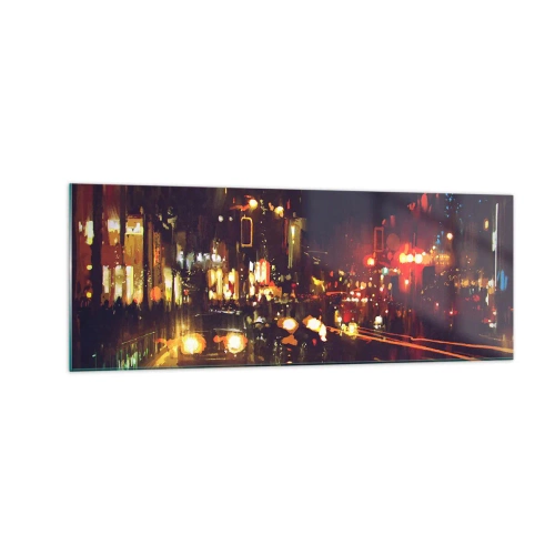 Obraz na szkle - Nocna scena miasta z kolorowymi światłami i refleksami na ulicy - 140x50cm - Zatopiona w światłach nocy - Nowoczesna dekoracja ścienna do salonu i sypialni ARTTOR