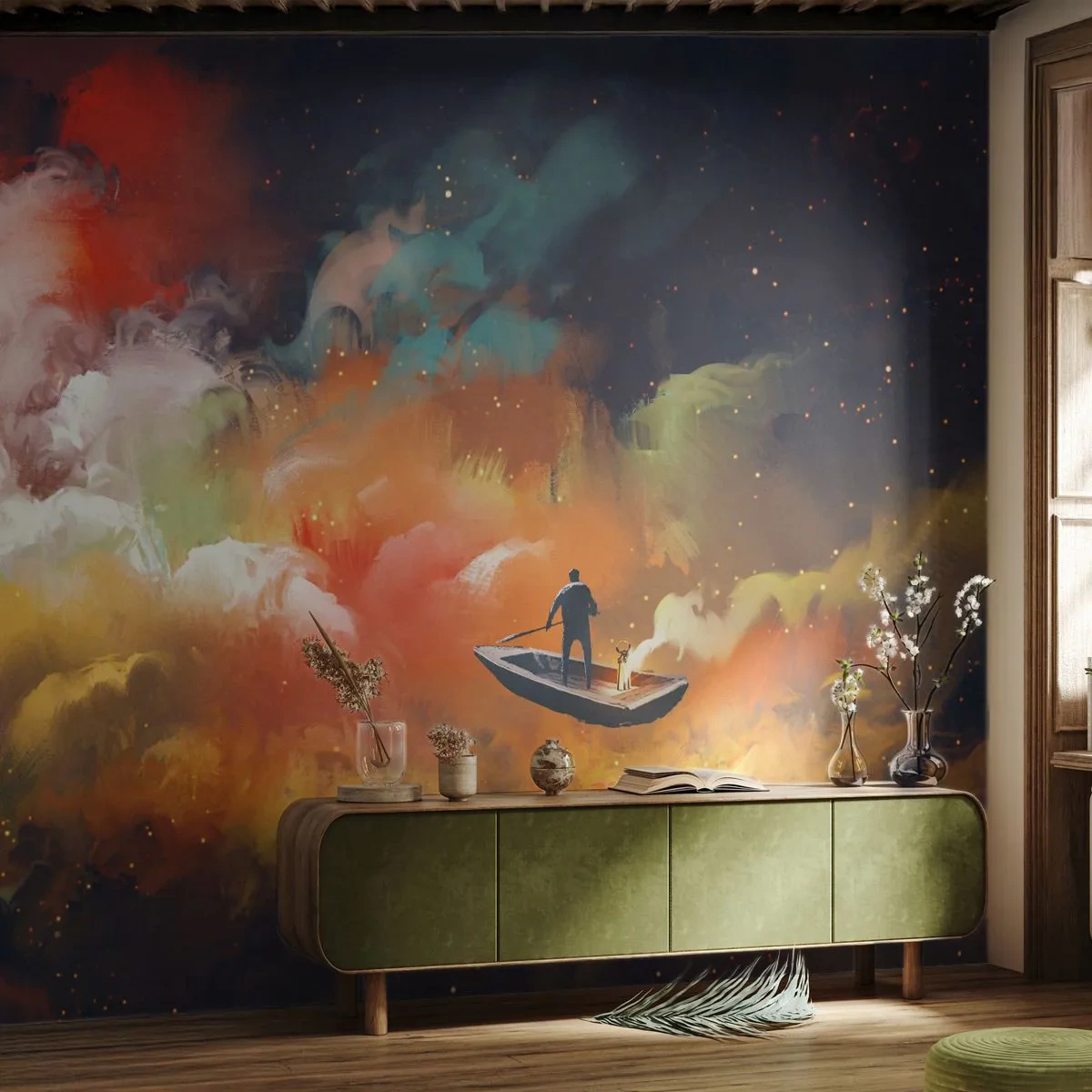 Fototapeta Premium Canvas - Łodzią przez galaktykę - Abstrakcja, Fantasy, Podróż - 200x140 cm