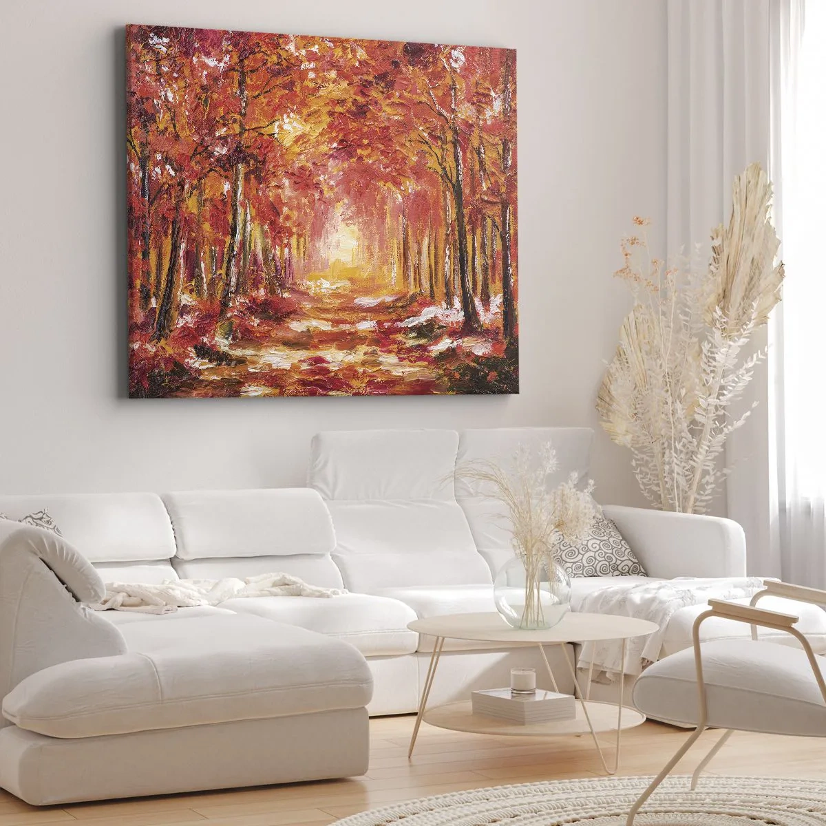 Obraz na płótnie - Jesienny las w odcieniach miedzi i złota - 70x50cm - Miedziany las - Nowoczesna dekoracja ścienna do salonu i sypialni ARTTOR